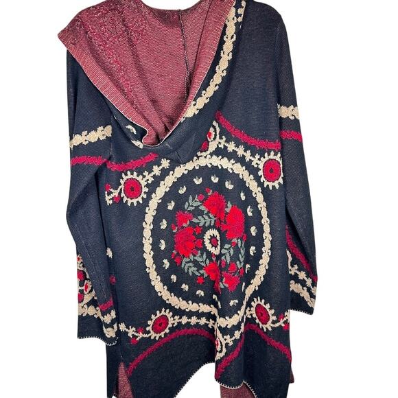 Maxsport XL Embroidered Hooded Cardigan Boho Floral Knit Red Black Wool Blend - Picture 4 of 8